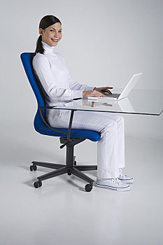 坐,书桌,人体工程学,椅子,使用笔记本,电脑