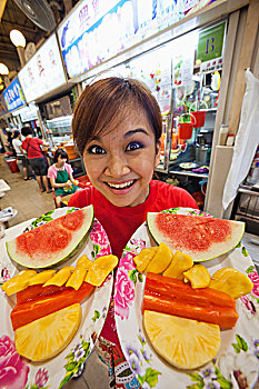新加坡,女侍者,水果,特色,小贩,中心,美食广场