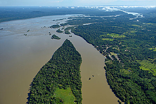 航拍,渔村,塔帕若斯河,亚马逊雨林,坝,洪水,水力发电厂,植物,巴西,南美