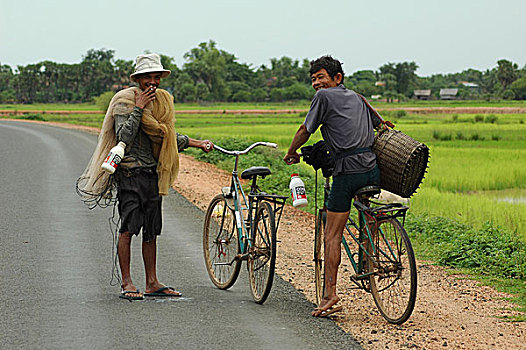 友好,微笑,农民,道路,捕鱼,稻田,收获,柬埔寨,七月,2006年
