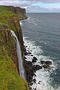 瀑布,苏格兰式短裙,石头,视点,岛,天空,西北地区,高地,苏格兰,英国,欧洲