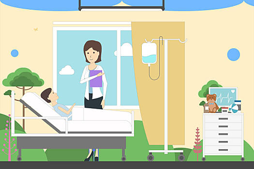 孩子,病房,医院,有趣,卡通,室内,女医生,病人