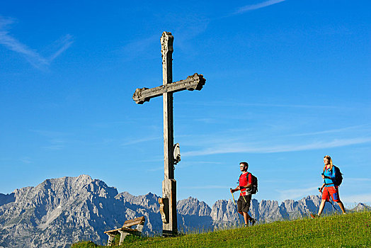 远足,顶峰,背影,基兹比厄尔,阿尔卑斯山,提洛尔,奥地利,欧洲