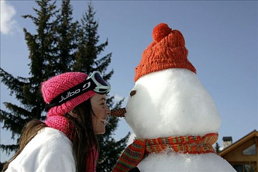 女孩,面对,雪人