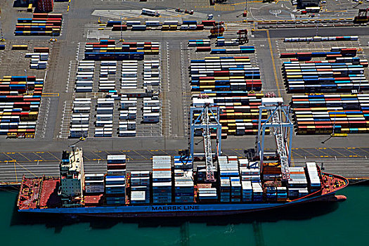 集装箱船,集装箱码头,惠灵顿,北岛,新西兰,航拍