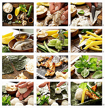 手卷寿司,烤制食品,虾,芒果,黄瓜