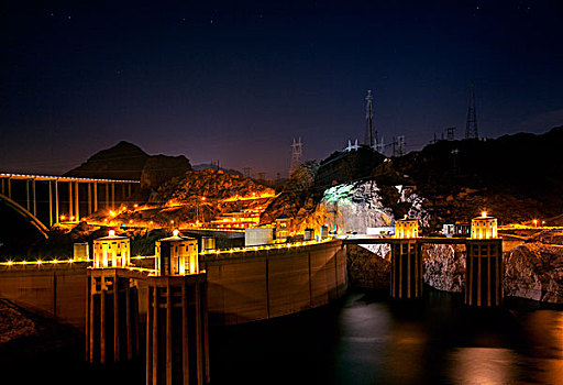 胡佛大坝,夜晚,内华达,美国