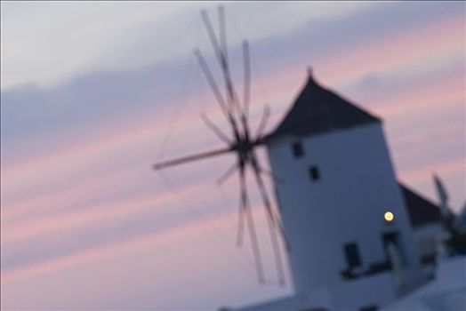 希腊,锡拉岛,流行,落日,远眺,风车