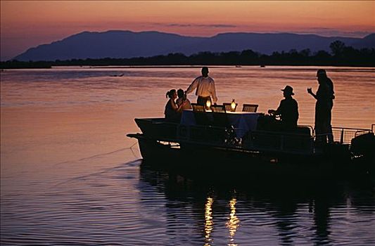 赞比亚,赞比西,国家公园,客人,享受,驳船,赞比西河
