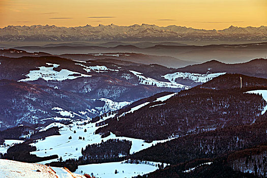 风景,冬天,阿尔卑斯山,日落,黑森林,巴登符腾堡,德国,欧洲