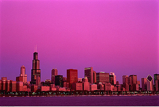 城市天际线,黄昏,芝加哥,伊利诺斯,美国
