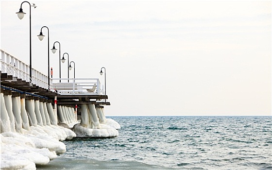 冬季风景,冰冻,波罗的海,冰层,冰柱,码头,杆