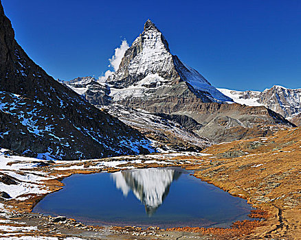 马塔角,反射,湖,策马特峰,阿尔卑斯山,瓦莱,瑞士