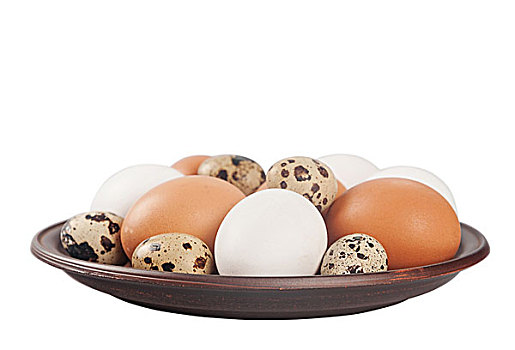 鹌鹑,鸡肉,蛋,粘土,盘子,隔绝,白色背景