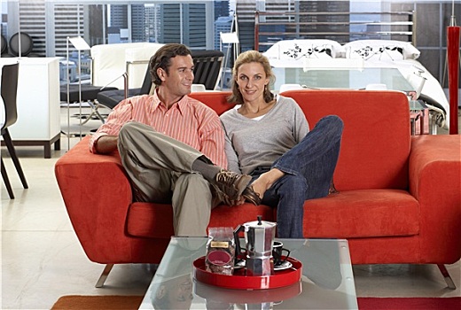 坐,夫妇,新,红色,沙发,家具,商店,男人,瞥视,女人,微笑,头像