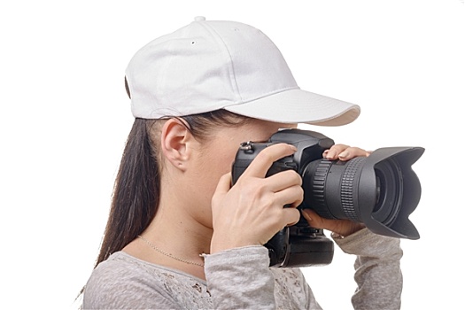 年轻,摄影师,女人,白人,帽,隔绝,白色背景