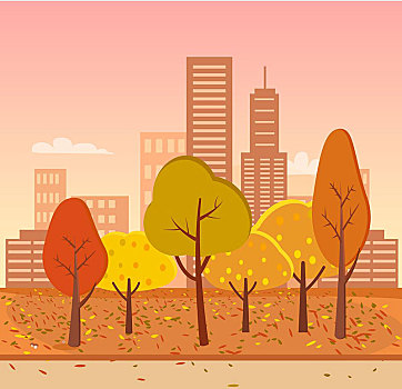 秋天,公园,矢量,插画,城市,高,建筑,紫色天空,日落,云,金色,树,叶子,街道