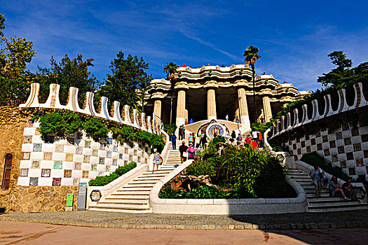 柱廊,雄伟,楼梯,建筑师,安东尼高迪,奎尔公园,巴塞罗那,加泰罗尼亚,西班牙,欧洲