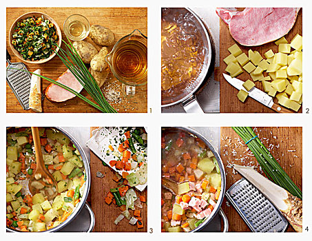 土豆,蔬菜汤,熏制,猪肉,辣根