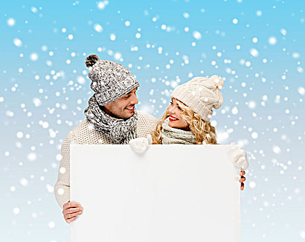 圣诞节,圣诞,人,广告,情侣,销售,概念,高兴,女人,男人,冬天,衣服,留白,白板