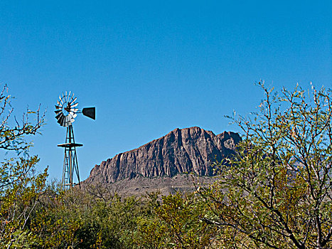 美国,德克萨斯,大湾国家公园,山,风车,前景