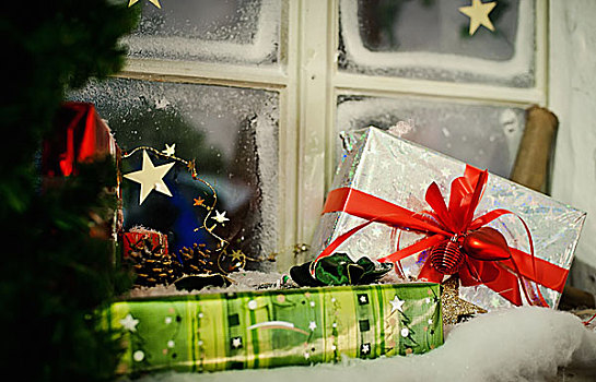 圣诞节,包装,窗,窗台