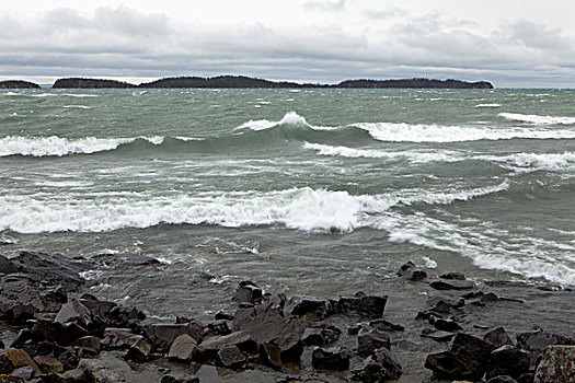 碰撞,波浪,岩石,海岸线,苏必利尔湖,桑德贝,安大略省,加拿大