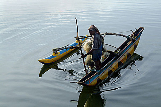 渔民,船,渔网,泻湖,斯里兰卡,七月,2005年