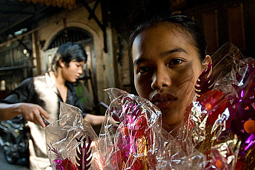女孩,工作,店,销售,假花,唐人街,曼谷,泰国,一月,2007年