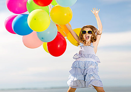 暑假,庆贺,孩子,人,概念,高兴,跳跃,女孩,彩色,气球,户外