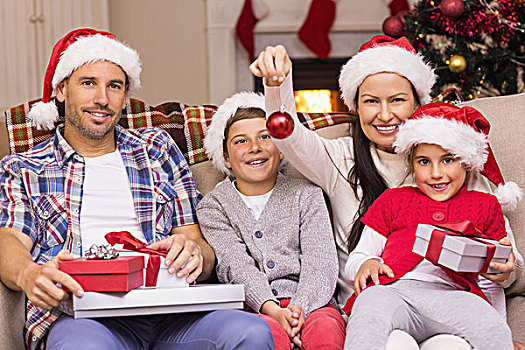 幸福之家,穿,圣诞帽,沙发