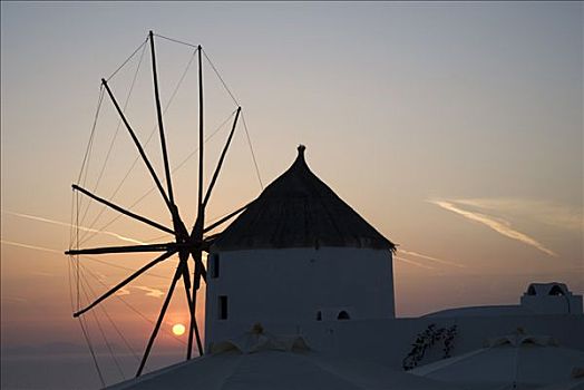 日落,后面,风车,城镇,锡拉岛,希腊