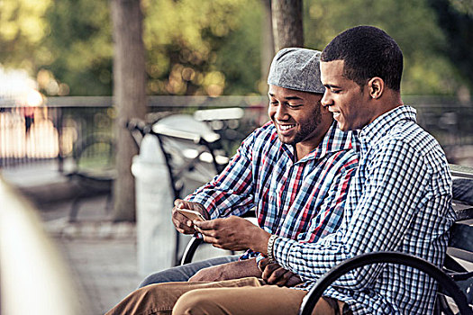 两个男人,坐,公园,看,机智,电话