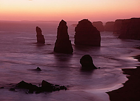 石头,堆积,海岸线,黃昏,海洋,道路,维多利亚,澳大利亚