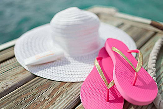 海滩,夏天,假期,配饰,概念,特写,帽子,防晒霜,拖鞋,海边