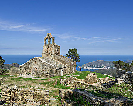 罗马式,教堂,海伦娜,靠近,港口,帽,自然公园,加泰罗尼亚,区域,西班牙,欧洲