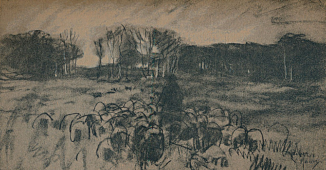 素描,牧羊人,成群,19世纪,艺术家,紫红色