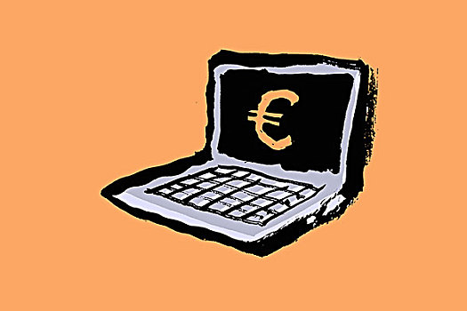 插画,笔记本电脑,欧元标志,橙色背景