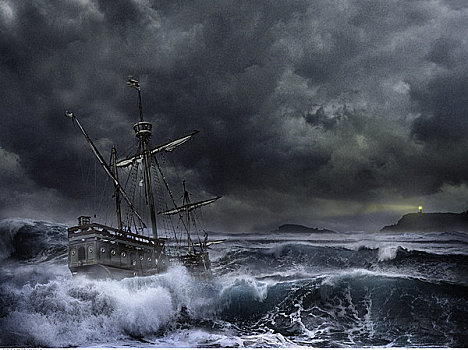 船,风暴,海洋,灯塔,远景
