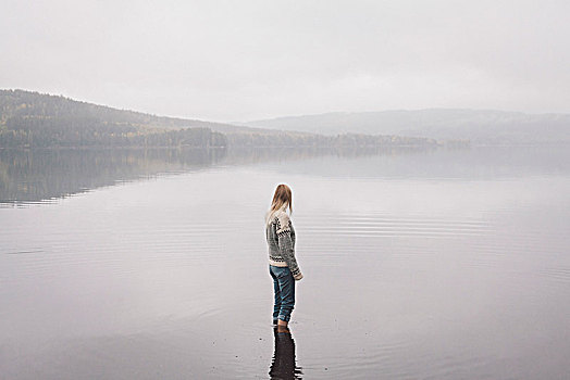 女人,站立,湖,天空,雾状,天气,瑞典