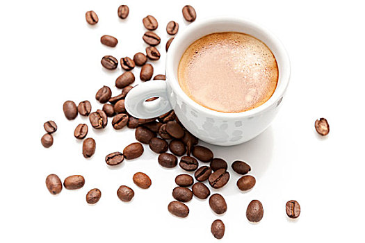 小,意式特浓咖啡杯,咖啡豆,隔绝,白色背景