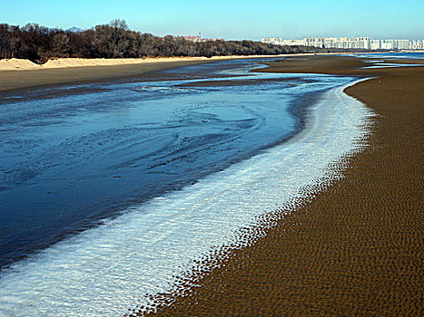 秦皇岛,北戴河,海滨,沙滩,冬季,结冰,冰海,曲线,几何,形状