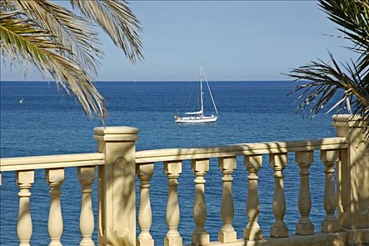 风景,一个,帆船,石头,栏杆,白色海岸,西班牙