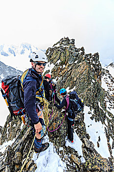 登山,一起,顶峰,山脊,勃朗峰,山丘,瓦莱州,瑞士,欧洲