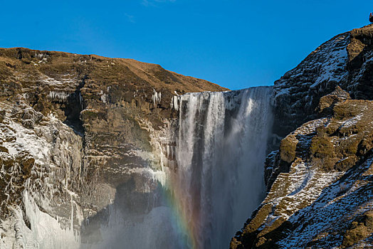 冰岛斯科加瀑布阳光与彩虹美景
