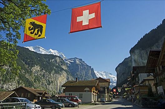 瑞士,地区性,旗帜,上方,因特拉肯,少女峰