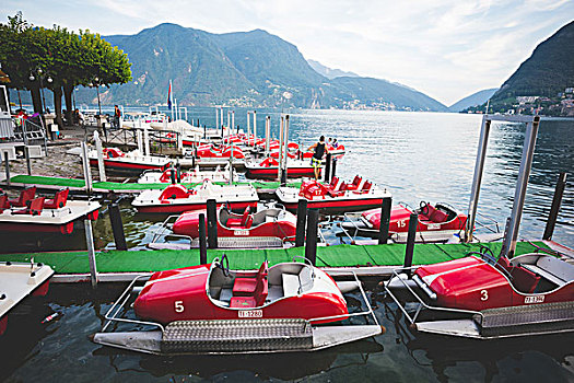 停泊,脚踏船,湖,卢加诺,瑞士