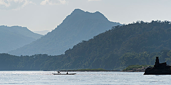 剪影,人,船,湄公河,老挝