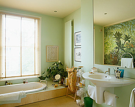 盥洗池,靠近,浴缸,下方,窗户,绿色,浴室