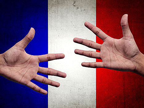 支持,协助,手,上方,法国国旗